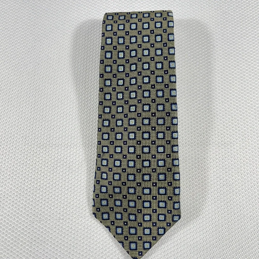 Bruno Piattelli Extra Long Silk Tie Gold Blue Geometric‎ Square Pattern USA Made